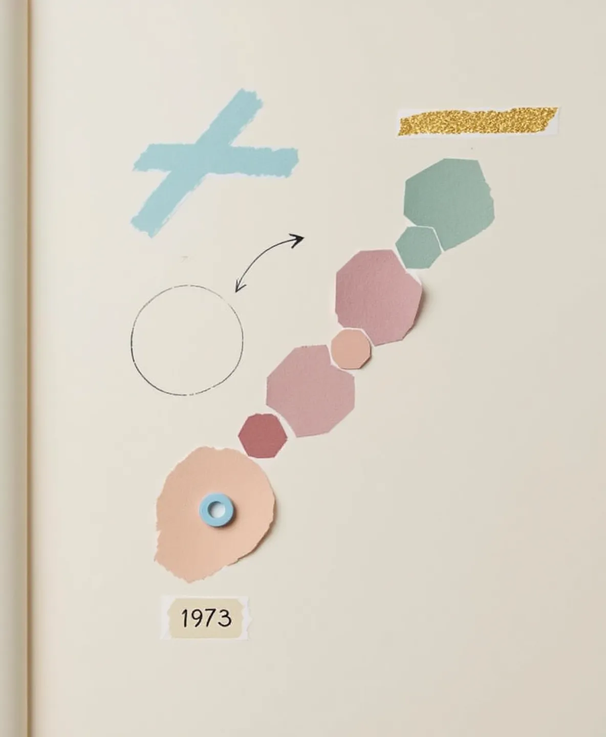 Scrapbook-collage of an abstract copper-tripeptide cutout in muted blue, dusty rose, soft gold and sage on cream paper